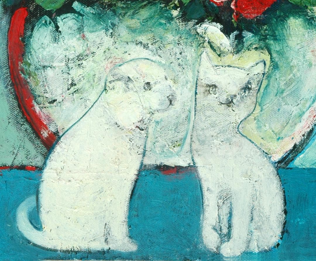 油絵 菅家令子 絵 絵画インテリア 額付(黒) uF6-070619 子猫と子犬