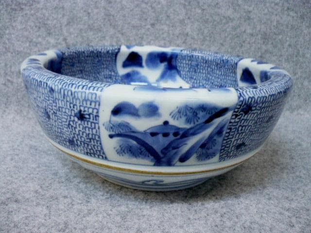 伊万里 染付 ねじれ文 みじんこ 風景図 深鉢 [B22151]