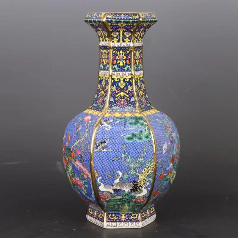 景徳鎮 美品 清朝乾隆  パステル 花鳥六方瓶