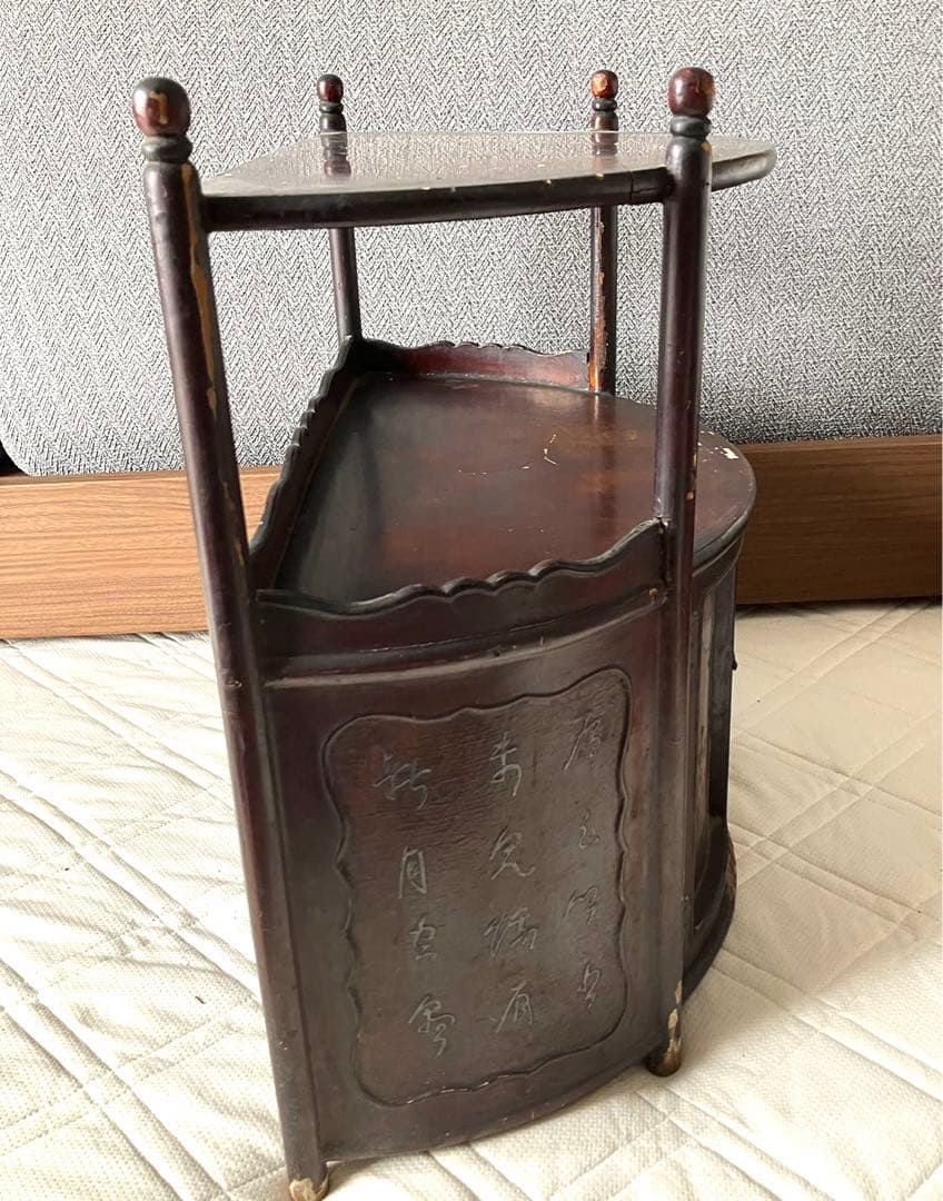 骨董品　唐木家具本花梨 総無垢 茶棚 茶道具 飾棚 彫刻 透かし彫り 煎茶道具