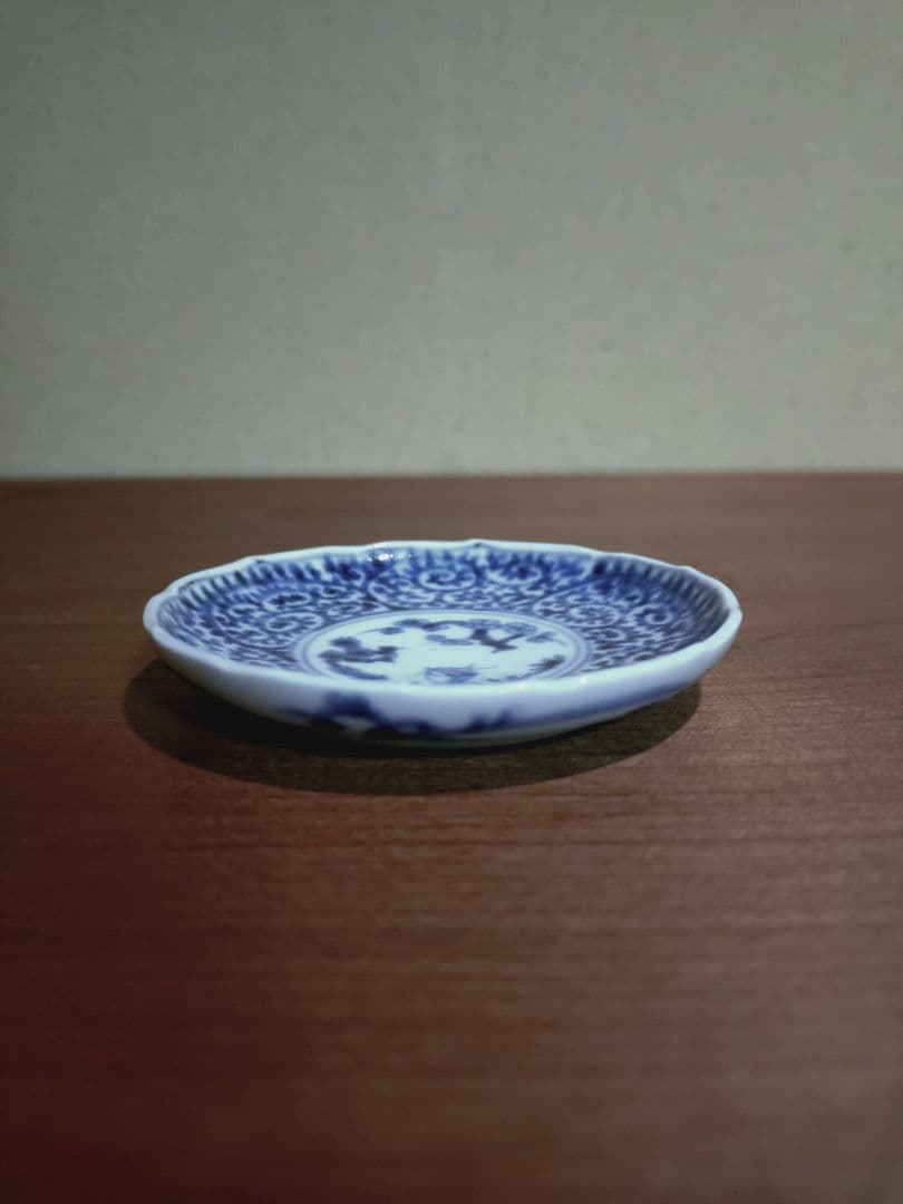 古伊万里 染付 蛸唐草紋 輪花 豆皿 手塩皿
