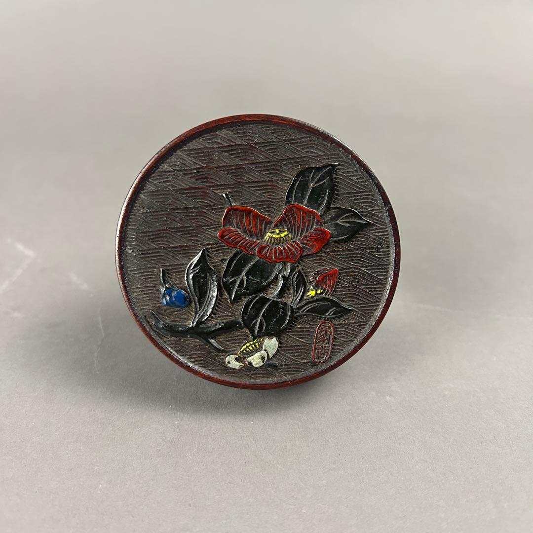 漆器椿梅花香合 初代象谷作　茶道具　骨董　彫刻
