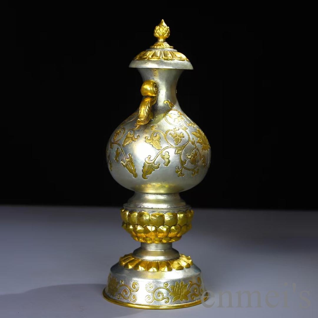 中国古美術 鍍金銅瓶 水差し 手彫り 鏨刻 純銅製 花器 床の間飾り 細工 置物