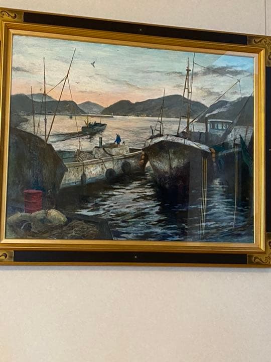 絵画　久保田宏　油絵　朝の漁港　特大F50 名画　巨大　額縁　芸術品　油彩　作品