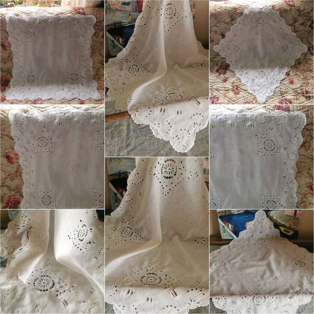 アンティーク オルレア スカラップフリル 花輪アイレット刺繍 大判クロスハンカチ