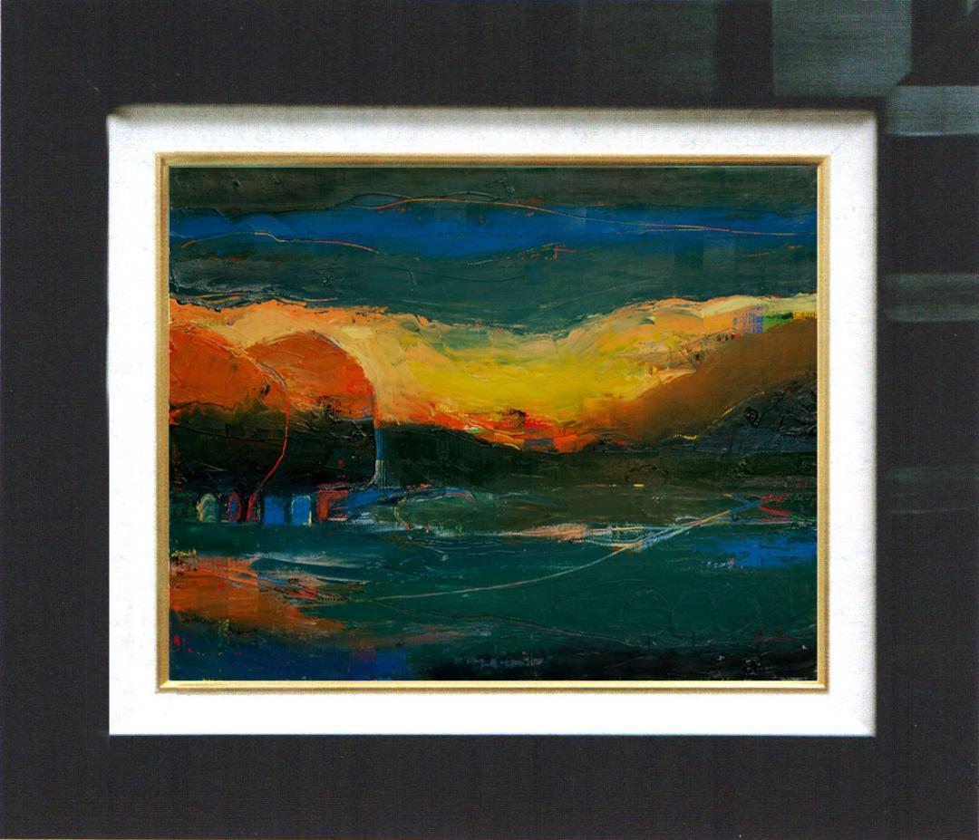 油絵 菅家令子 絵画インテリア額付(青緑＋金色の枠) F4-072212 朝夕陽