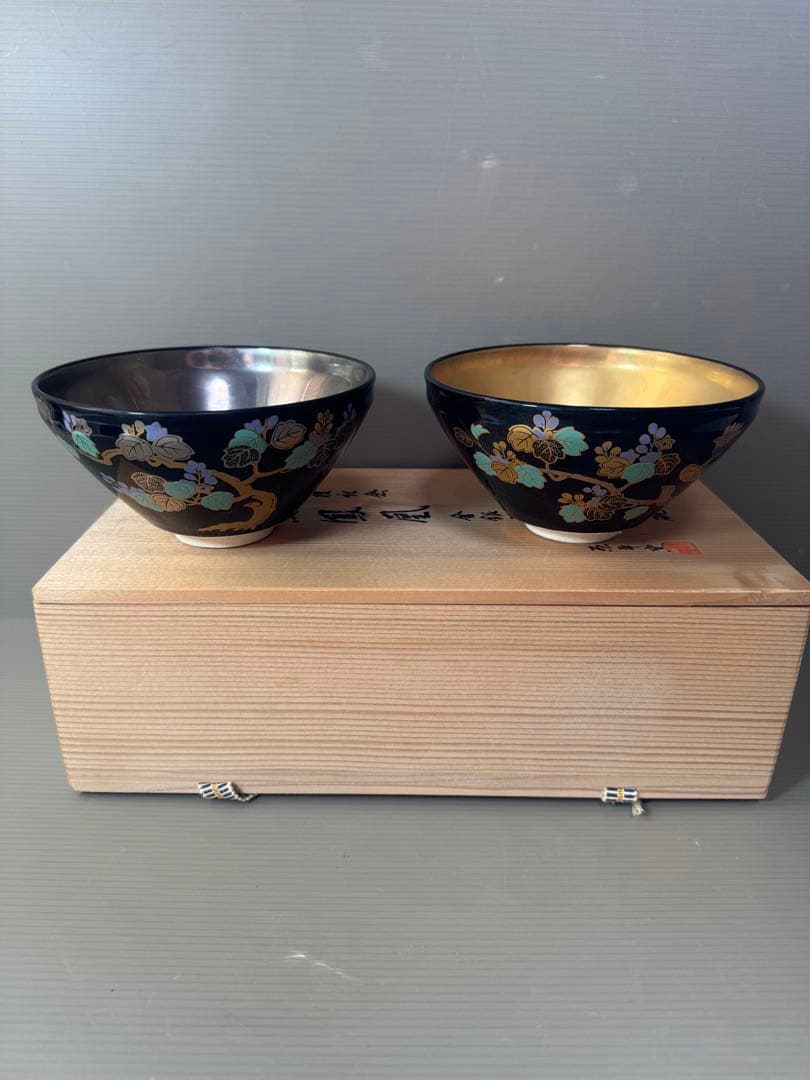 2787 原平窯　瑞鳥鳳凰　金銀天目抹茶茶碗　2客　未使用