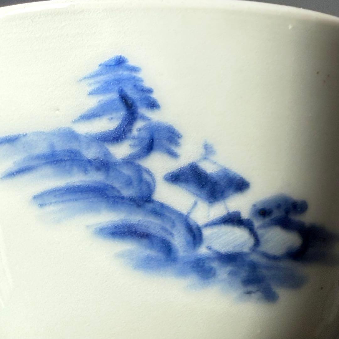 後期鍋島　染付風景画向付　三点　緻密な絵付　汲み出し　湯呑み　幕末〜明治期