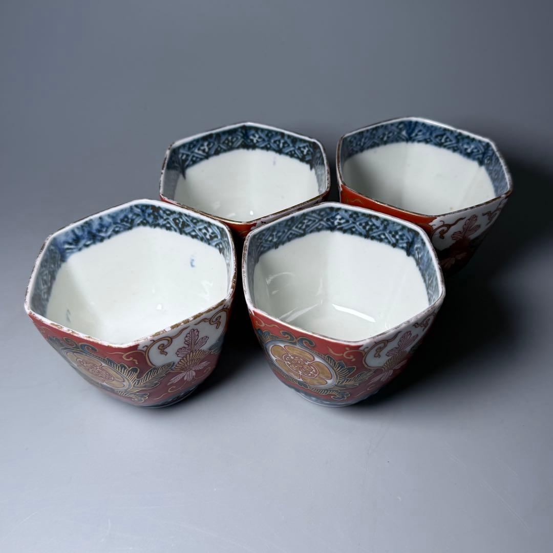 古伊万里　錦手　赤絵　六角向付　四客　小鉢　冨貴長春　器を楽しむ