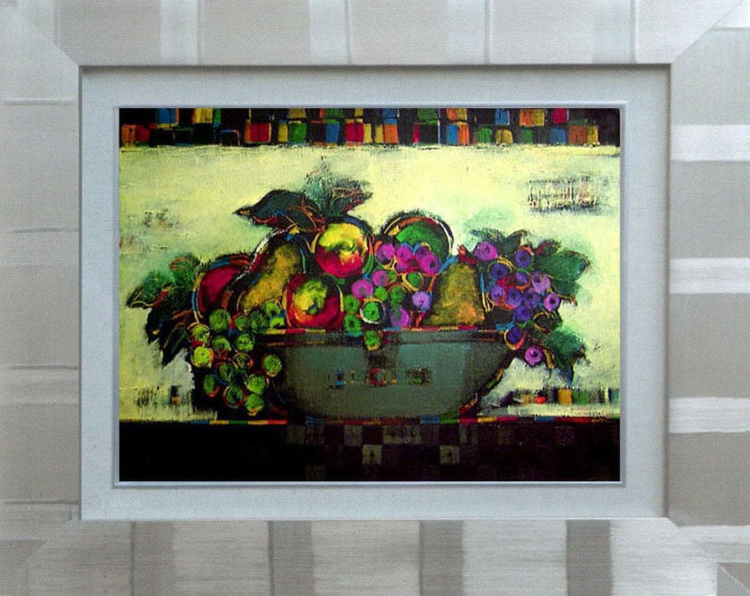 油絵 菅家令子絵 絵画インテリア額付(青緑＋金色の枠)uF6-060904静物壺
