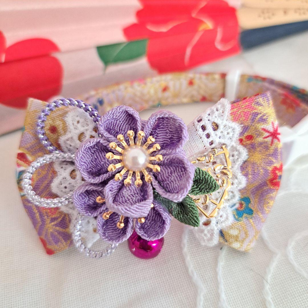 つまみ細工シングルリボン(薄紫)わんちゃん猫ちゃん用首輪