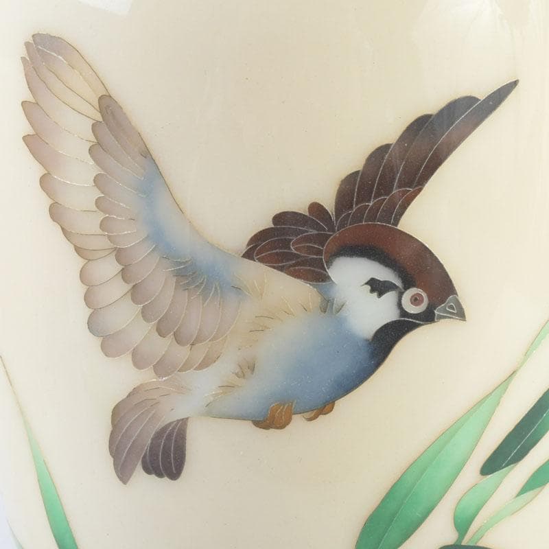七宝焼　白釉　草鳥文　花瓶　時代箱　V　9663