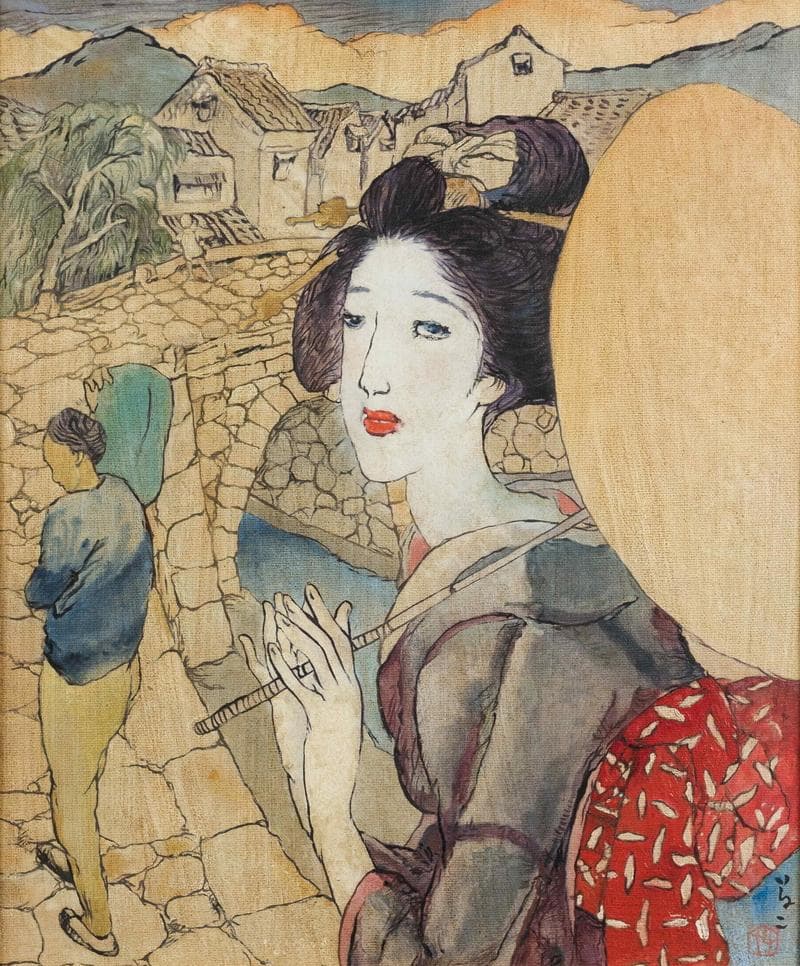 竹久夢二　油彩　肉筆『眼鏡橋』表と裏サイン　竹久不二彦鑑定　F8号　額　b811