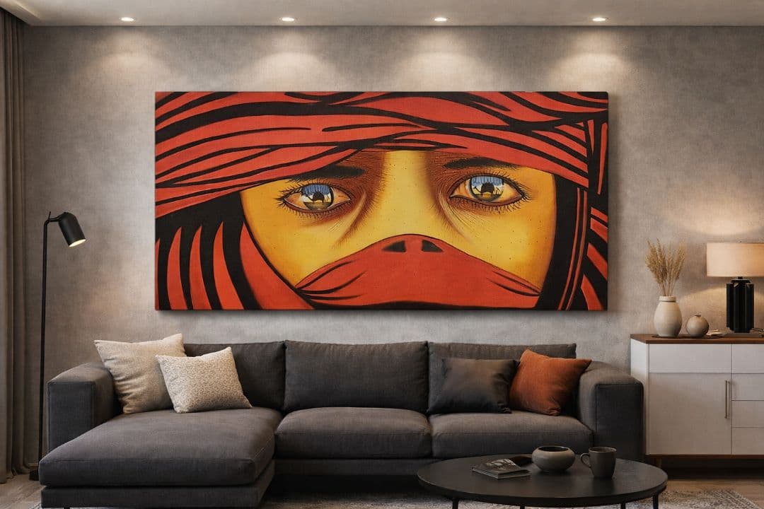 大型アート画「Red Veil / 沈黙の眼差し」150×70cm／現代アート