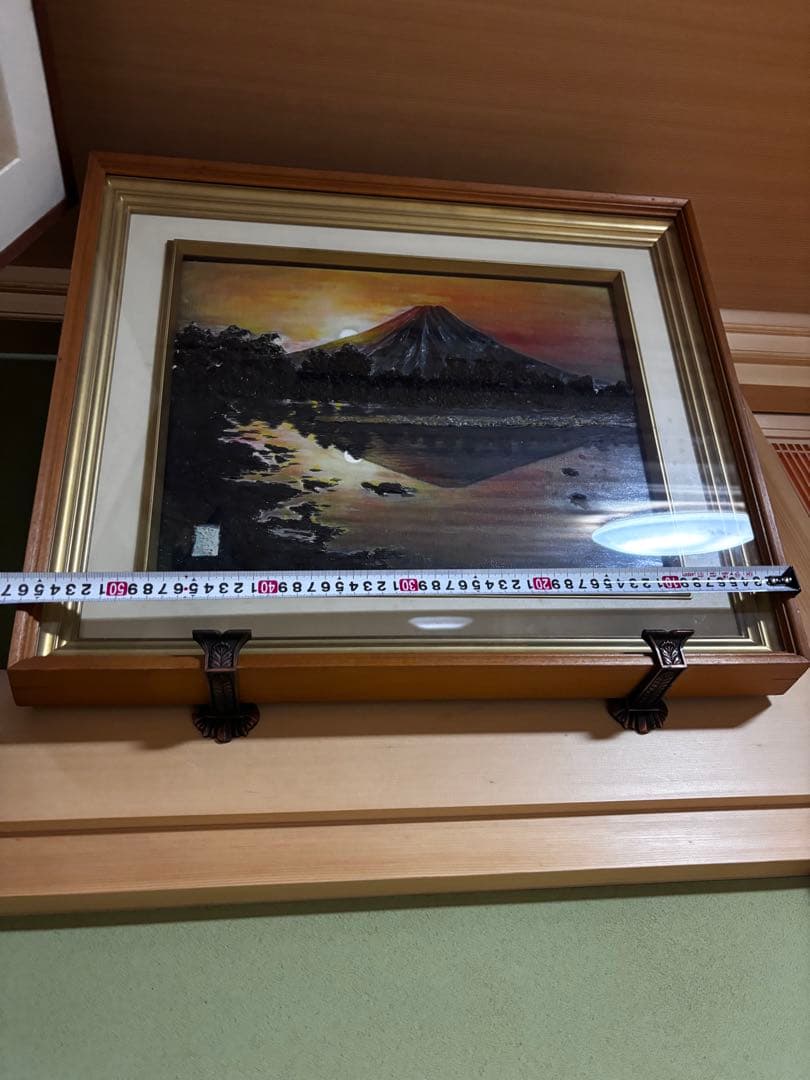 （早い者勝ち）赤富士の日本画 金色フレーム付き　夕日の赤富士山