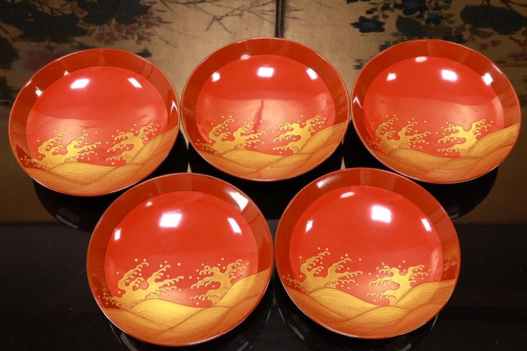 BJ103　時代輪島塗　烏漆絵　日乃出金蒔絵　煮物椀　五客　木製 吸物椀　菓子