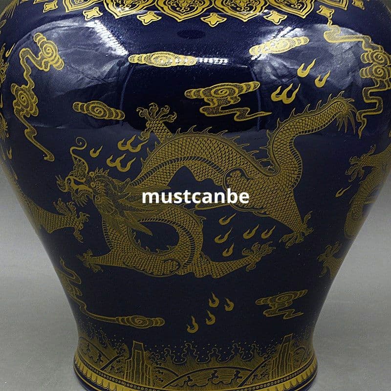 大清乾隆宝石藍蒔金竜紋将軍缶 景徳鎮 陶磁器 装飾品 現代工芸品 美術品 置物