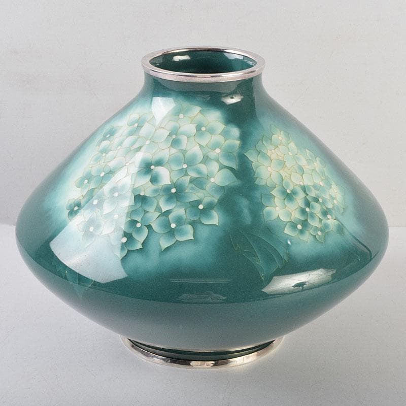 七宝焼　安藤七宝店　純銀刻印　紫陽花文　花瓶　時代箱付　U　R9192B
