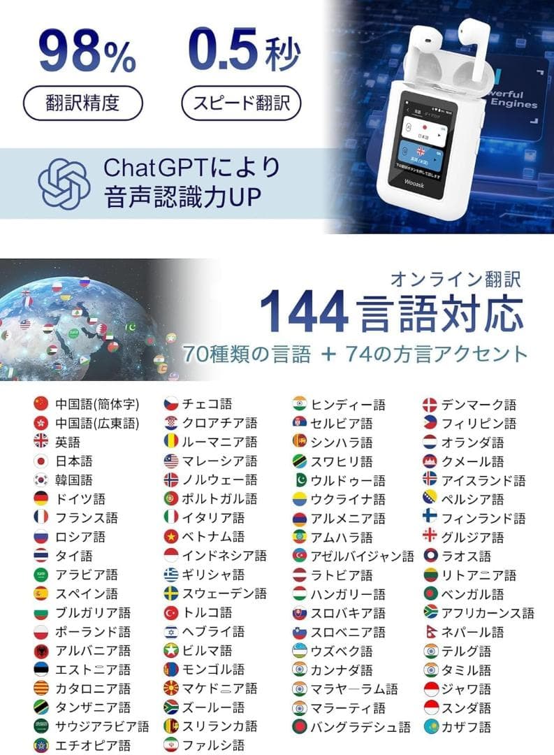 Wooask A8 ChatGPT内蔵 翻訳機 モニター付