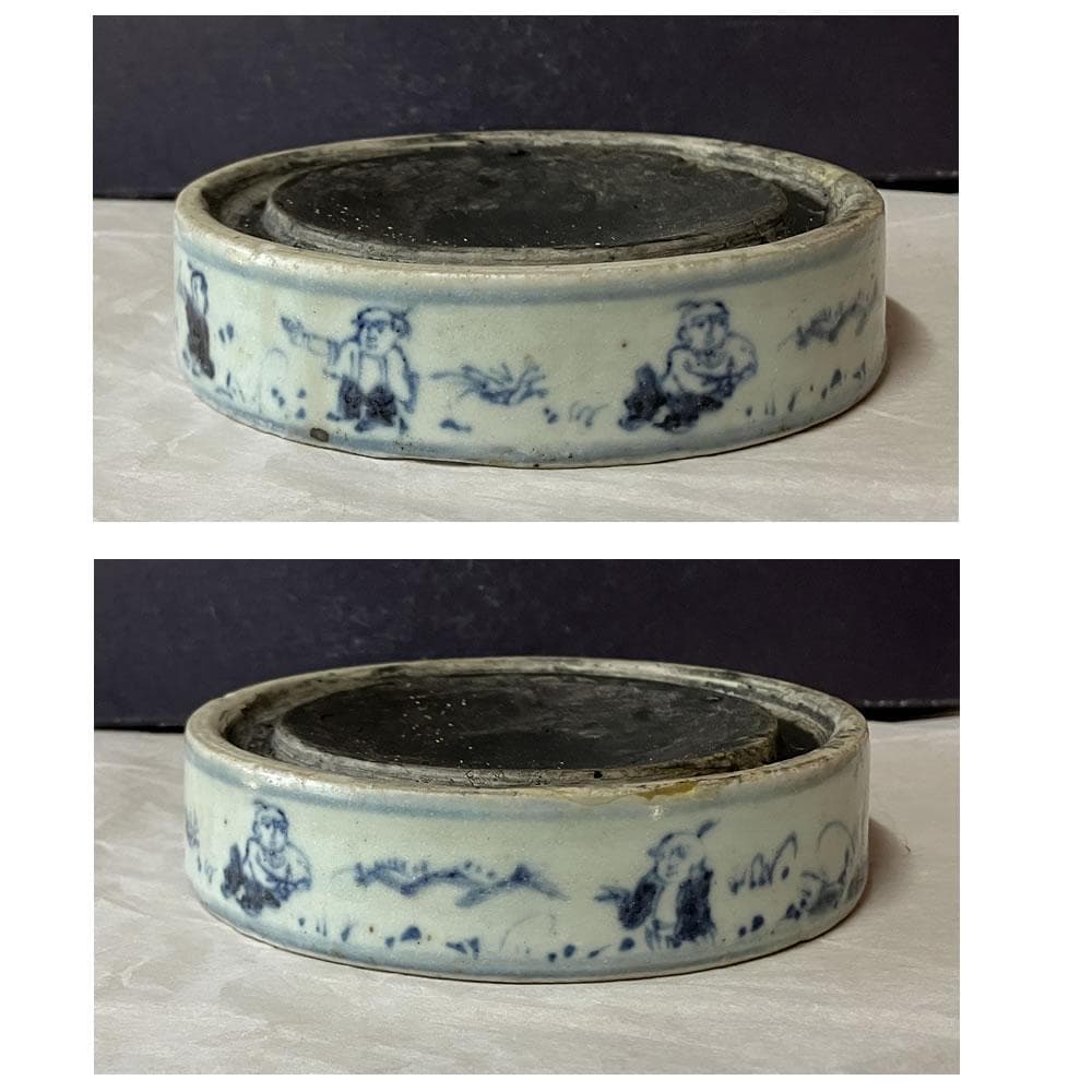 y051 陶硯 染付 唐子図 硯 巾11.5cm 茶道具 書道具 中国古美術