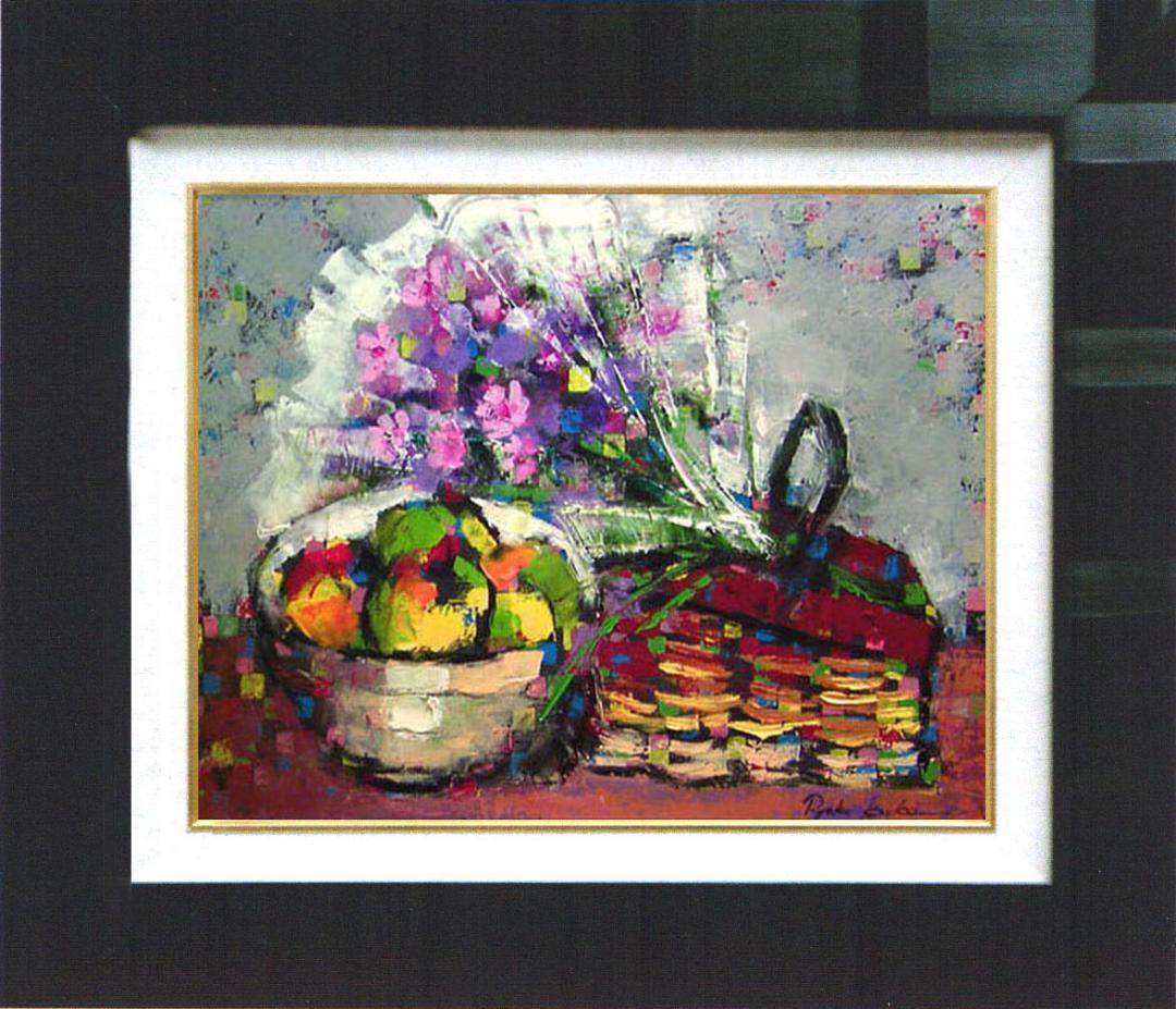 油絵 菅家令子絵 絵画インテリア額付(青緑＋金色の枠)uF6-062104花果物