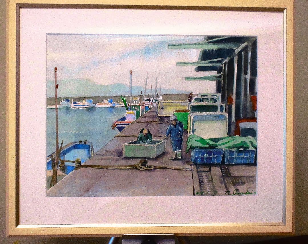 水彩画 魚市場の風景( 額縁付き)