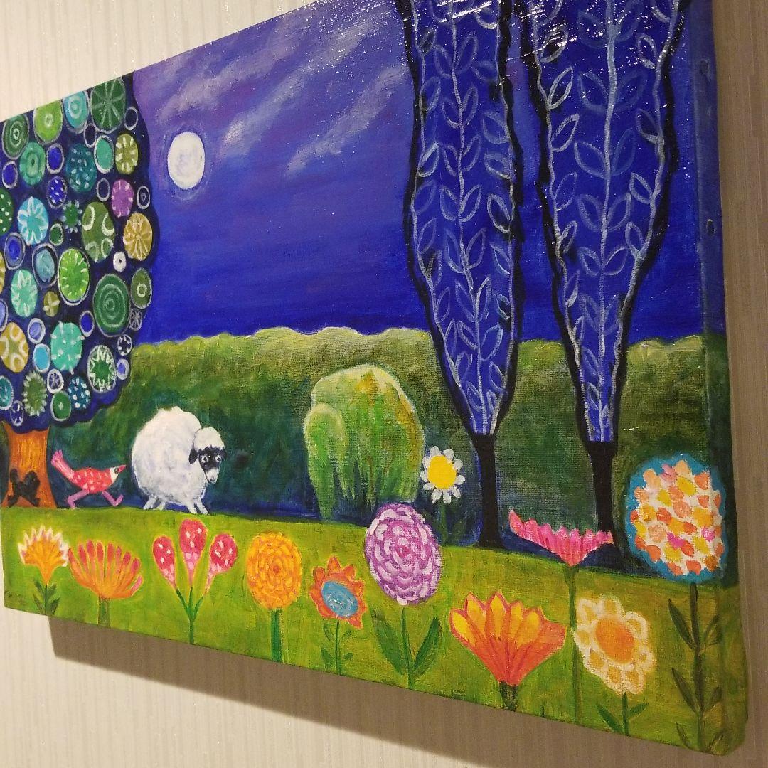 油絵　H　ひつじさんと友だちの楽しい帰り道　わんこも一緒♪　横長キャンバス