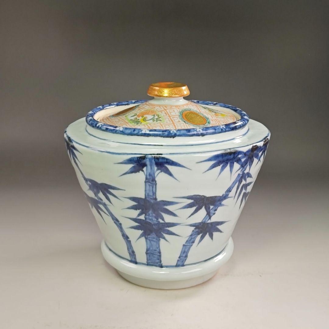 ウ204 水指『景徳鎮　王懐英』『染付竹絵　水指　共箱』茶道具