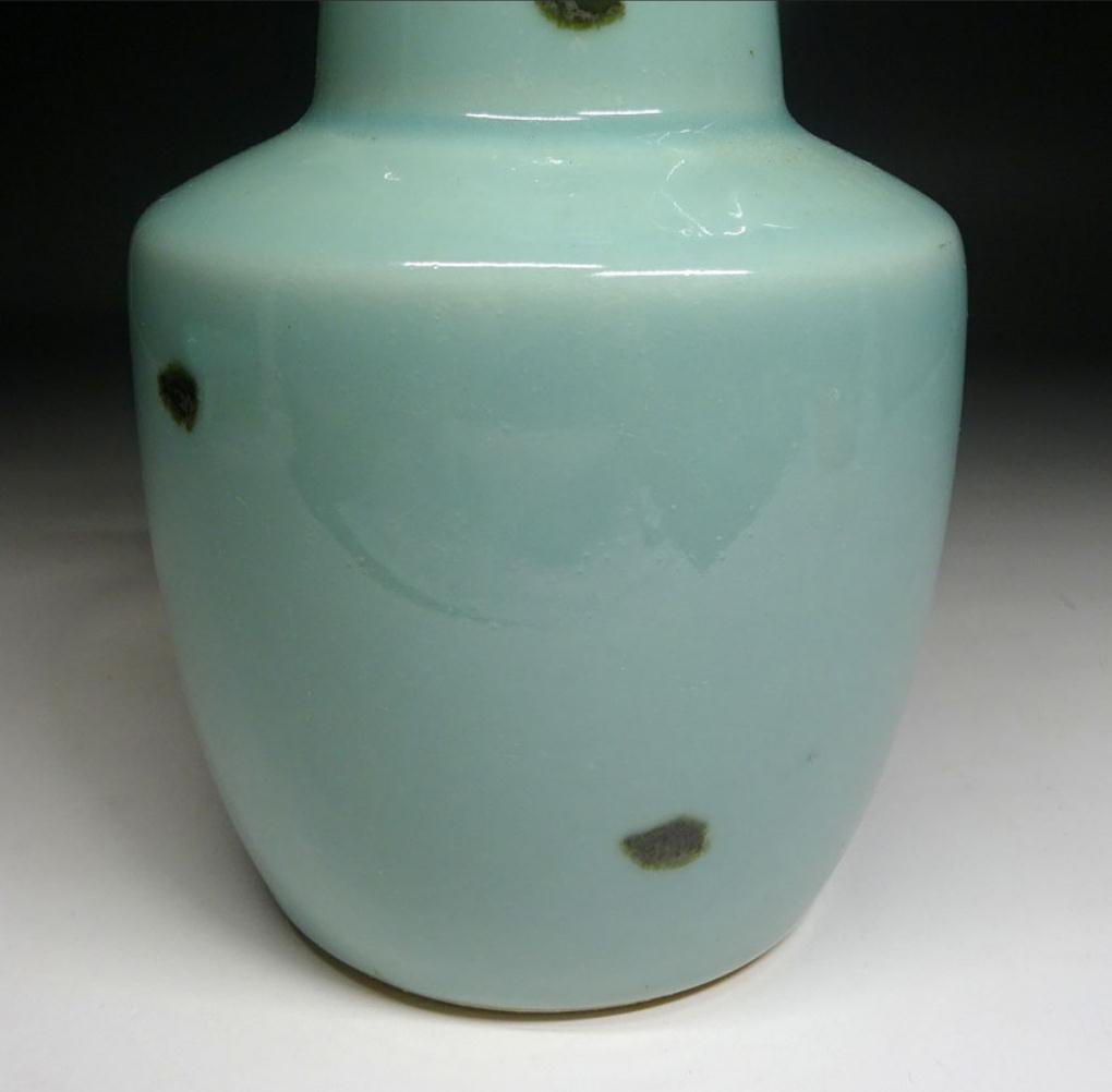 砥部焼 栖山窯 飛青磁 双魚耳 花瓶 高約20.5cm 時代物 t06201
