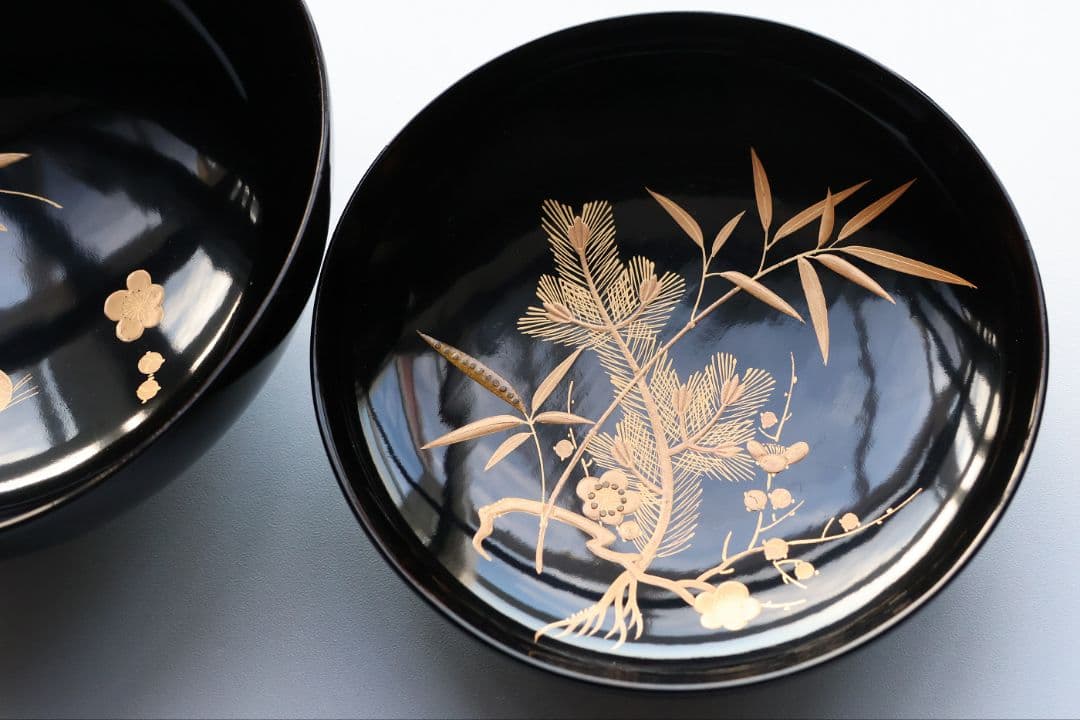 【CM414】輪島塗 松竹梅 金蒔絵 木瓜形 黒塗椀 三客 天然木漆塗 漆器