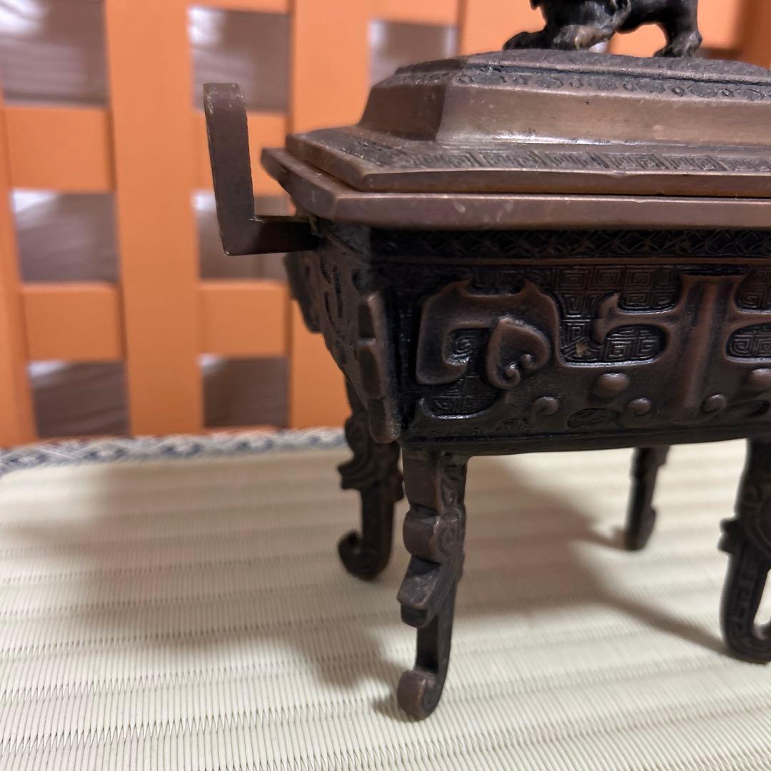 高岡銅器　米田陵山作　鋳銅　獅子摘　四方香炉