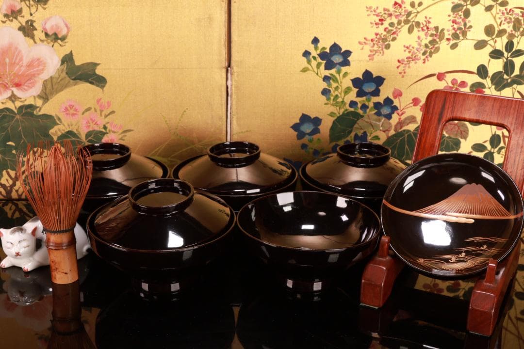 BJ021　時代輪島　雲上富士図金蒔絵　吸物椀　五客　木製　茶道具　懐石　菓子