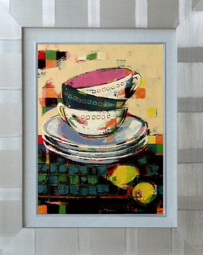 油絵菅家令子絵 絵画インテリア額付(白)uF6-060203 静物 カップレモン