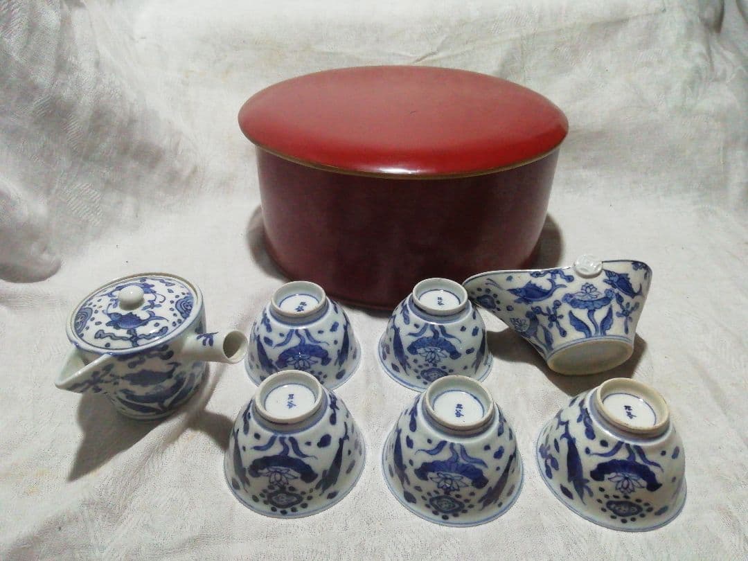 ♪時代九谷染付 煎茶揃い　朱漆茶櫃共