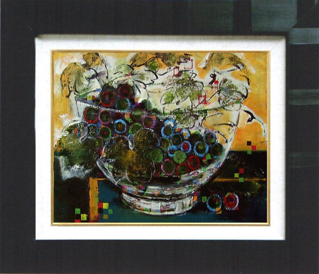 油絵 菅家令子絵 絵画インテリア額付(青緑＋金色の枠) uF6-061203果物