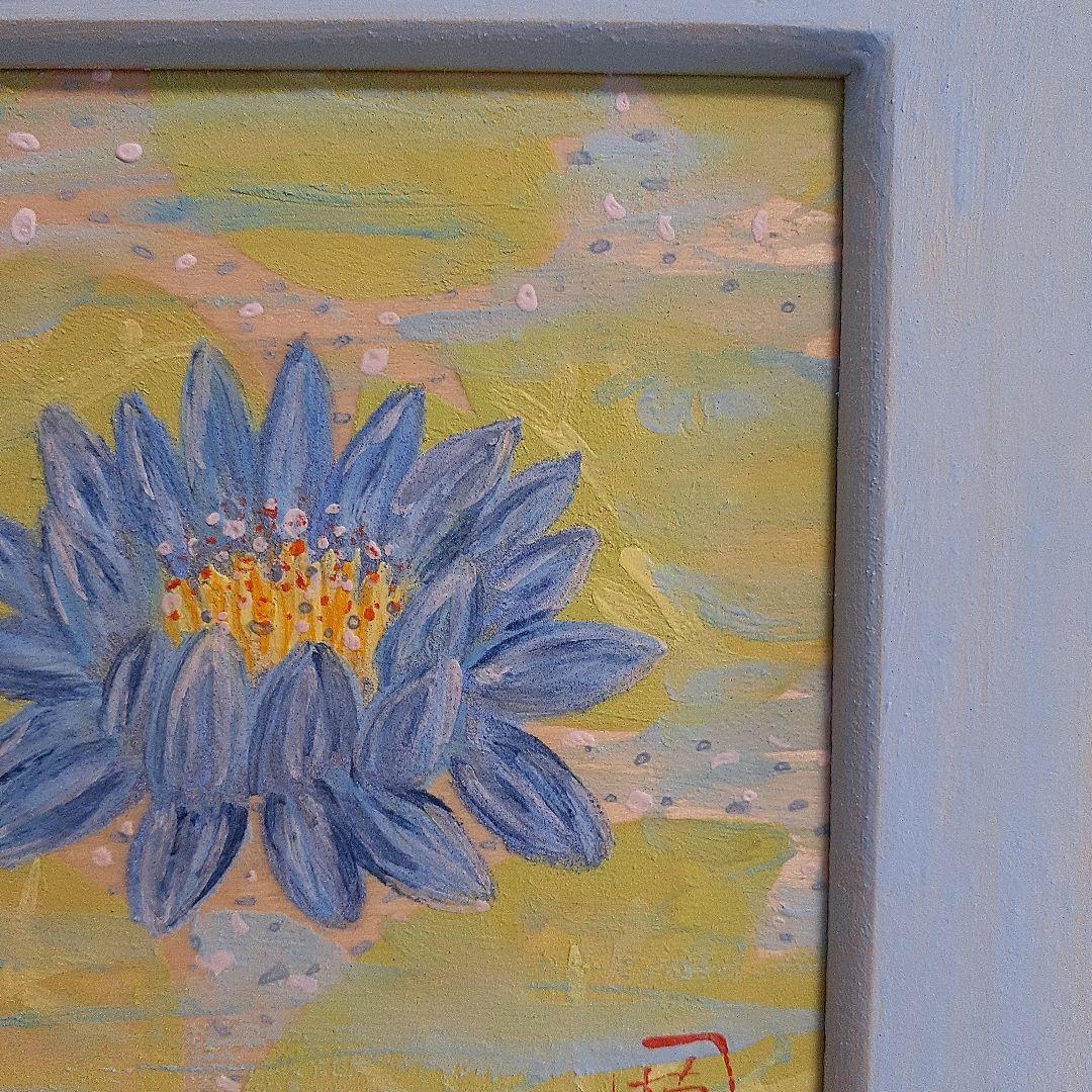 ブルーロータス　青い蓮　日本画　画家　小楠アキコ作品　岩絵具額装20×20cm
