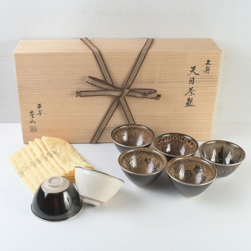 茶道具　平安　万代草山作　天目茶碗　七種　共布共箱　M　9329A
