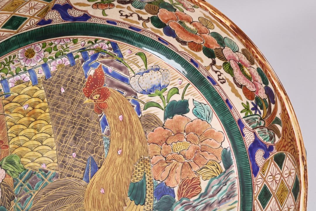 古九谷　九谷焼　吉田屋釜　花鳥鶏図　大鉢　金魚鉢　直径38.5㎝　BK139