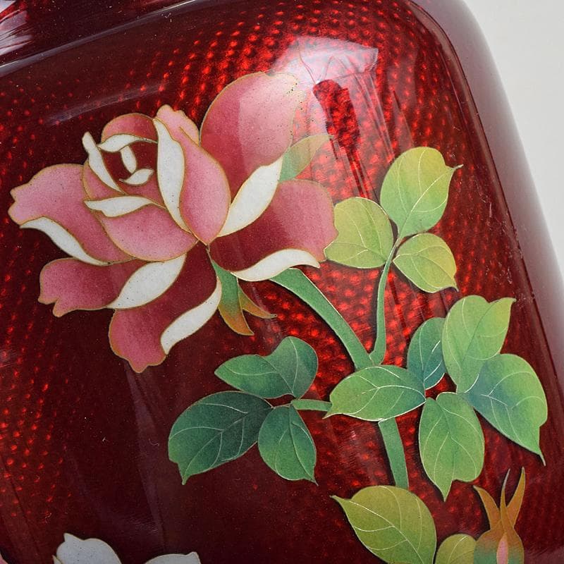 七宝焼　赤透釉　薔薇文　花瓶　唐木台・時代箱付　V　R9466