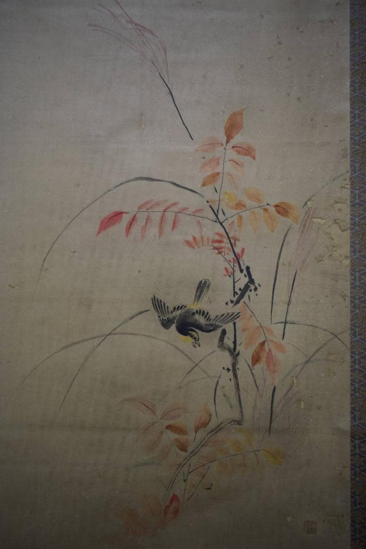 真作/狩野周信/紅葉花鳥図/桐題箱二重箱付/布袋屋掛軸HH-968