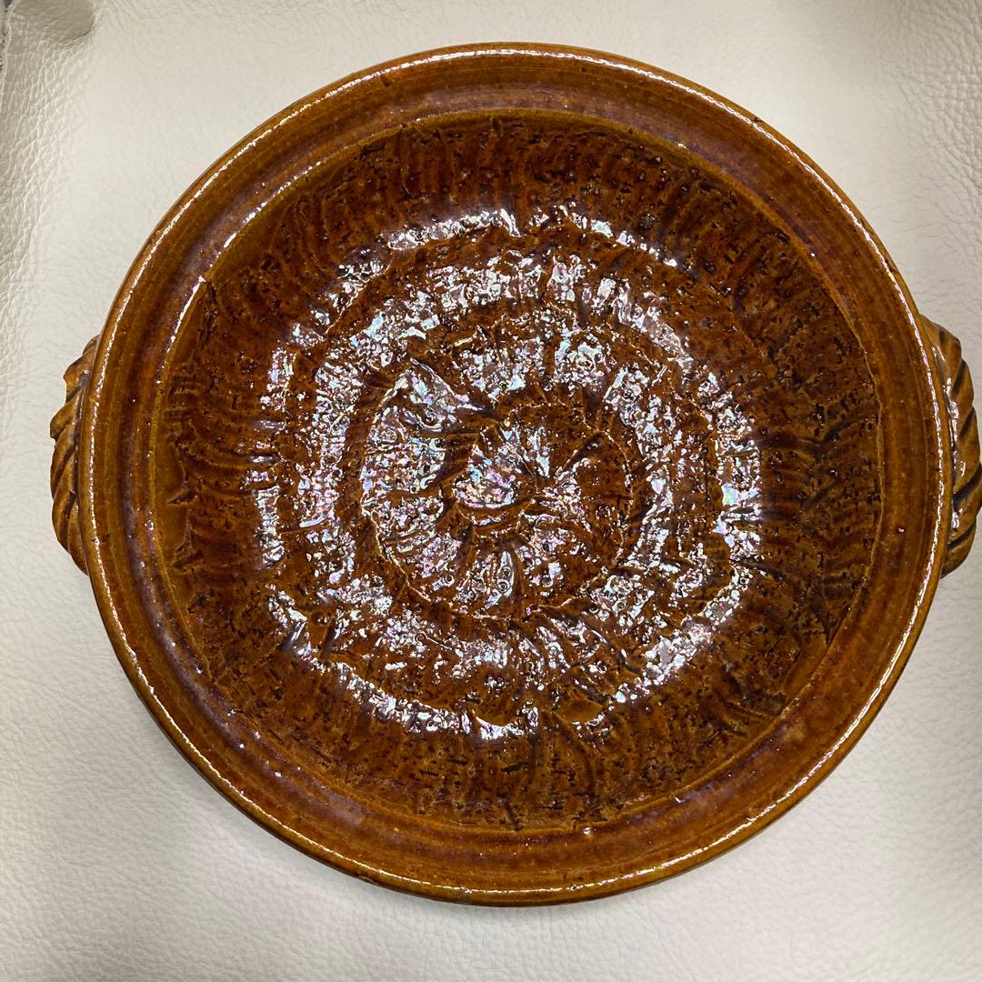 初代中村道年　「飴釉手付平鉢」　押印　合わせ箱　高5.5 ×幅28cm 八事窯