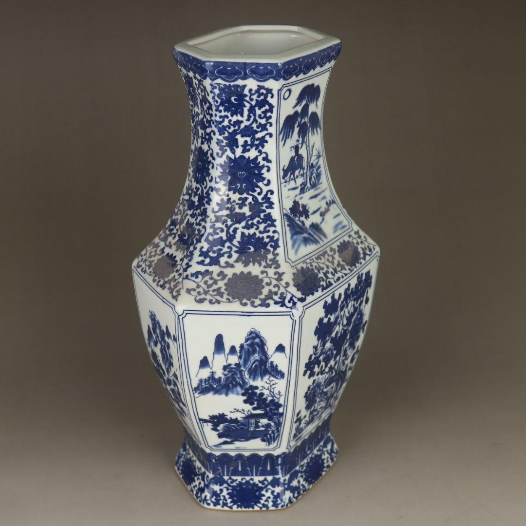 中国美術 青花山水花鳥紋六方扁瓶 景徳鎮 陶磁器 装飾品 工芸品 美術品 置物