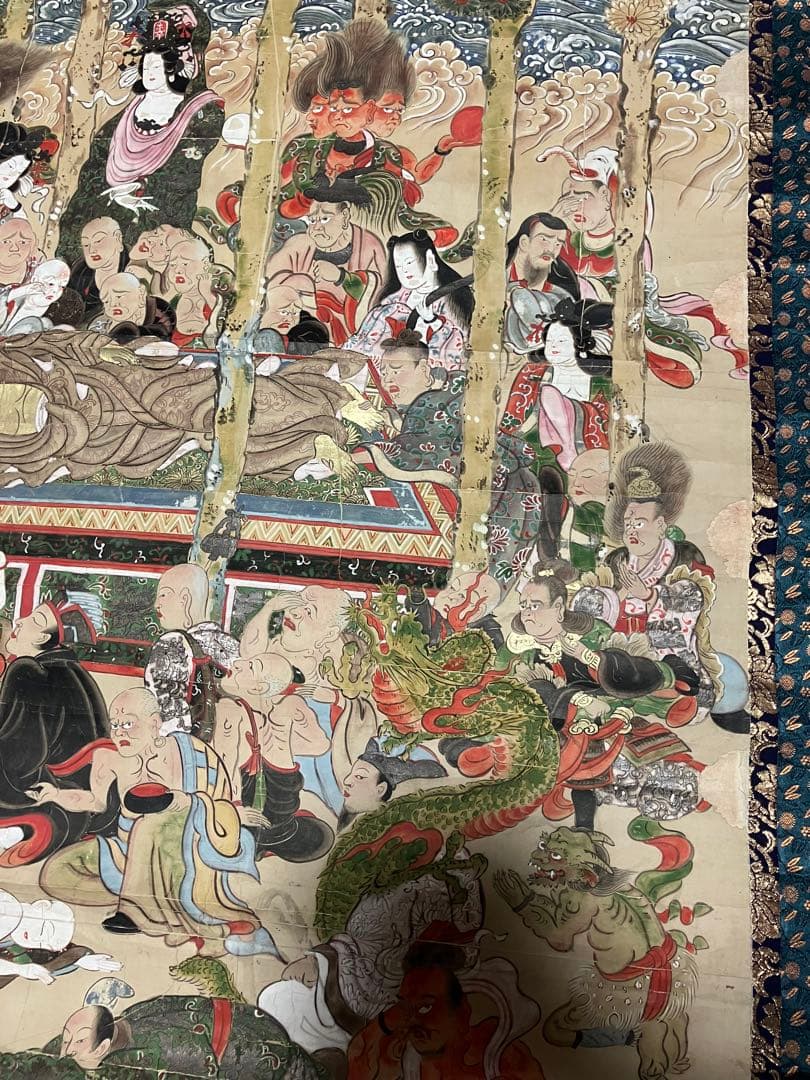 掛軸 超大幅 古仏画 『釈迦涅槃図』 紙本 肉筆 彩色 箱無 仏画 仏教美術