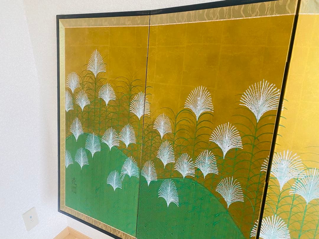 日本画 草花模様 金色背景 160cm