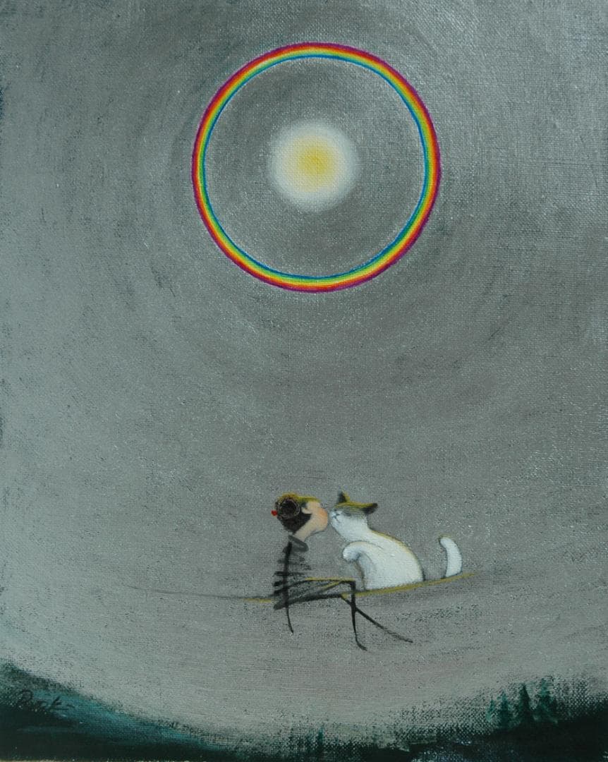 油絵 菅家令子 絵 絵画 インテリア額付(銀) F3-031019 子猫と女の子
