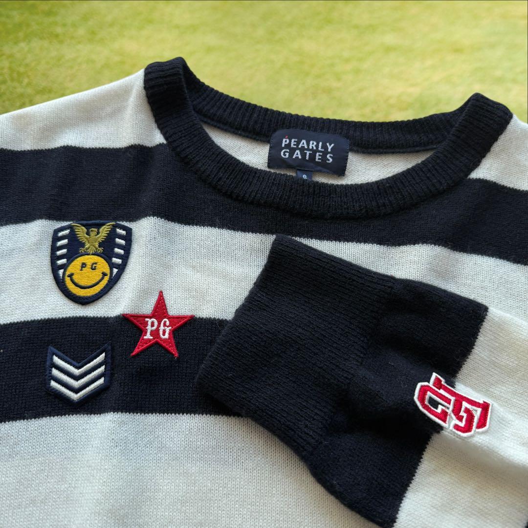 カシミヤ素材　パーリーゲイツ　ニット　XL〜XXL相当　白　紺　ボーダー　6