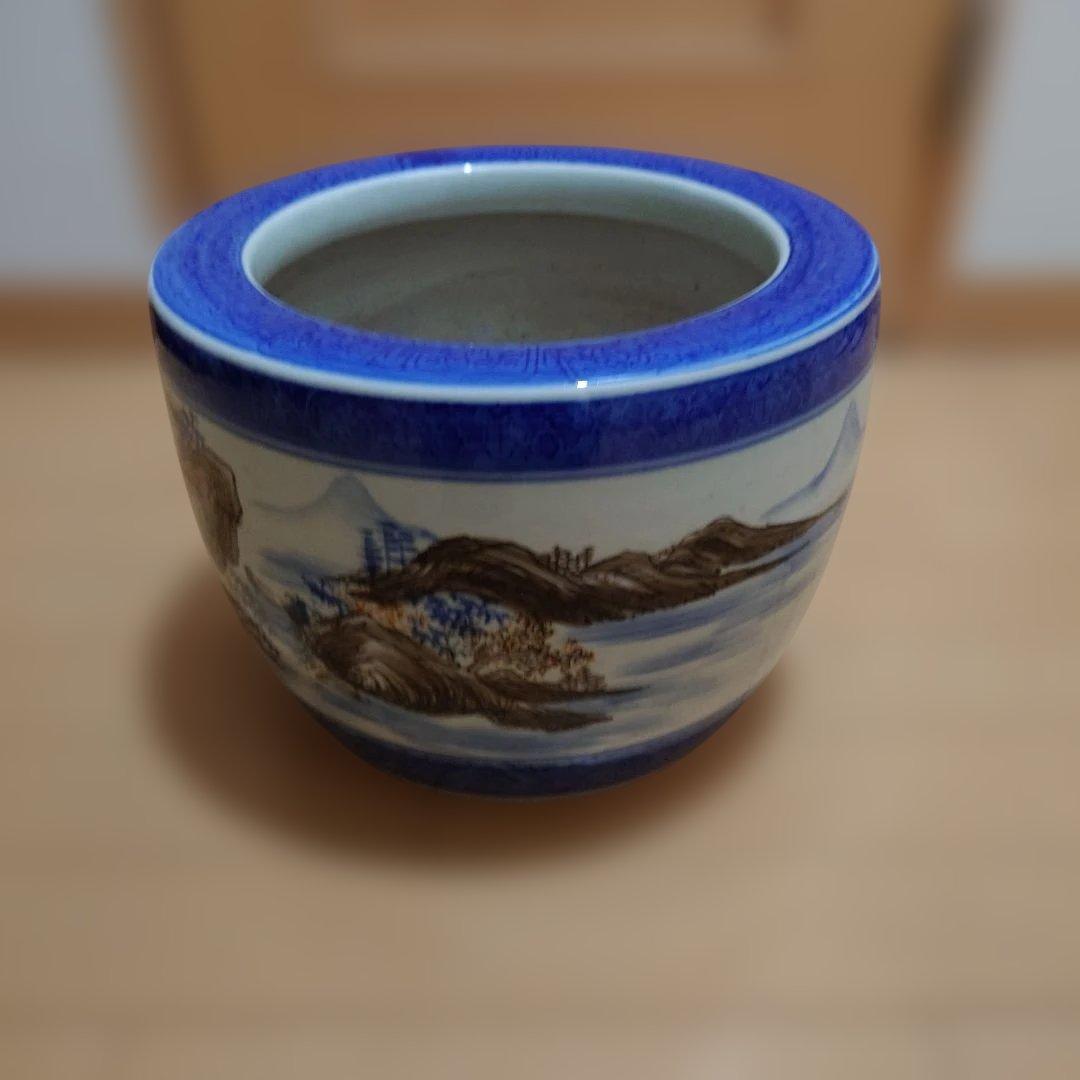 青と白の陶器 火鉢　31cm☓23cm
