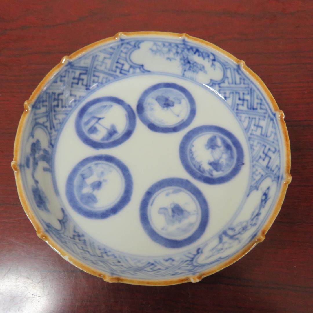 小皿 6枚 染付 丸窓 変わり縁 松竹梅 角福 人物 美品