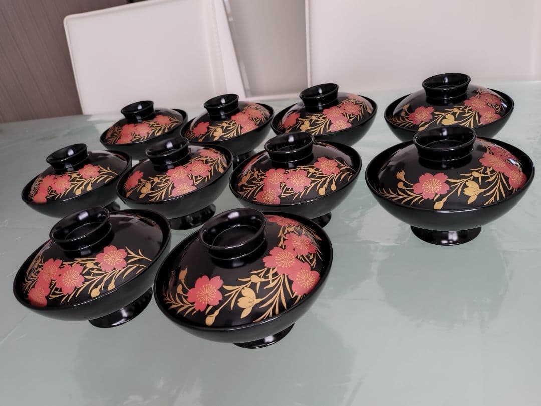 花柄金箔装飾 蓋付き椀 木曽 漆器 漆塗