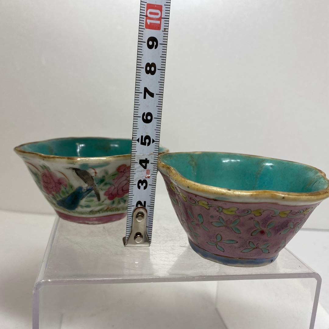 中国古玩　同治年粉彩輪花小鉢　2客　タエチ　東さ8-0107☆2F